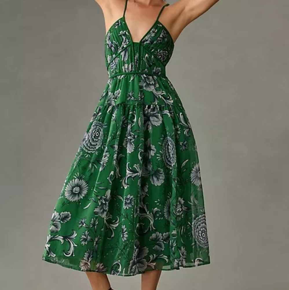 Green Floral Midi Dress with Spaghetti Straps